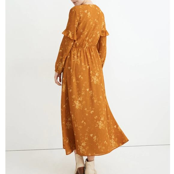 Madewell Ruffle-Sleeve Button-Front Dress Tonal Botanical Orange Floral Maxi 4 - Picture 3 of 10